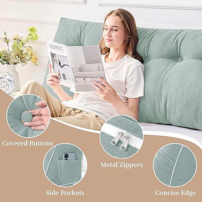Sasttie Headboard Pillow Queen, Triangular Wedge Pillow Headboard, Wedge Headboard Pillow for Bed Sofa, Daybed Pillows for Sitting up, Reading or Working with Removable Cover, Mint Green