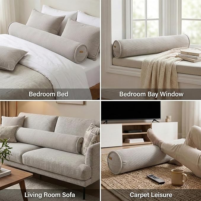 Long Bolster Pillow for Bed – Soft Corduroy Body Pillow for Adults, Ergonomic Full-Length Support for Better Sleep,47 x 7.87 Inches,Beige Gray