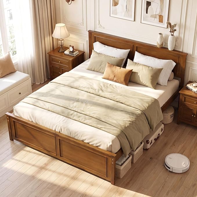 Giantex Wood Queen Size Bed Frame with Headboard, Farmhouse Solid Platform Bed w/Wooden Slat Support Mattress Foundation, Under-Bed Storage, No Box Spring Needed, Walnut