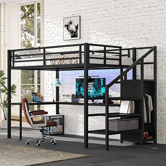 Full Size Loft Bed with L-Shaped Desk and USB, Metal Bed Frame with Wardrobe and Adjustable Shelf, High Loft Bed with LED and Guardrail for Teens Adults Bedroom, No Box Spring Needed, Black