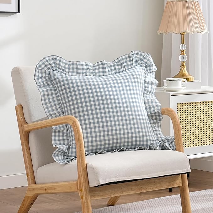 2 Pack Blue White Plaid Ruffle Throw Pillow Covers Farmhouse Checkered Chic Washed Cotton Pillowcases Gingham Pillow Shams for Bed, Sofa, Living Room-20"x20" Blue