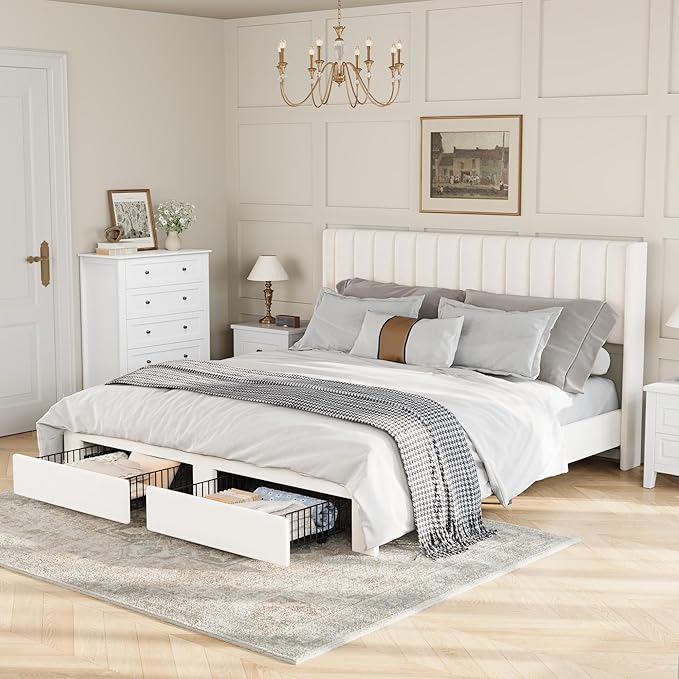 IDEALHOUSE King Bed Frame with Wingback Headboard, Velvet Upholstered Platform Bed with 2 Storage Drawers, Vertical Tufted Headboard Design, Wooden Slats Support, No Box Spring Needed, White