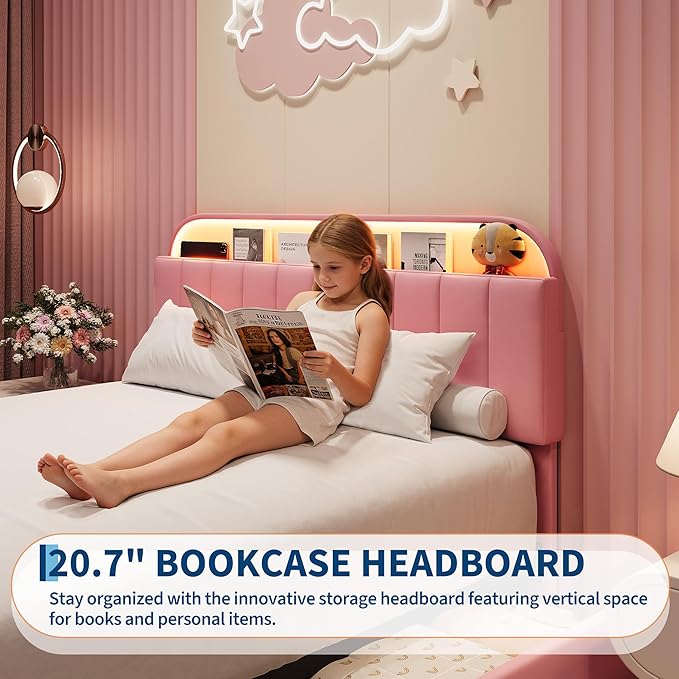 Garvee Queen Size Bed Frame with 2 Flexible Drawers, Velvet Upholstered Platform Bed Frame with Bookcase Headboard and LED Lights, Kids Bed for Girls, Easy Assembly, Noise Free, Pink