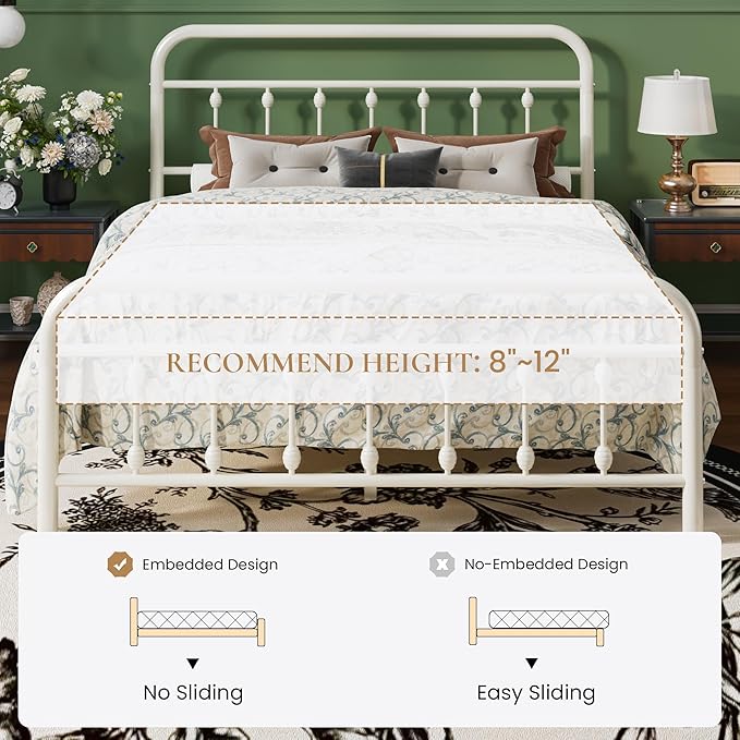 SHA CERLIN Full Size Metal Platform Bed Frame with Victorian Style Iron-Art Headboard and Footboard, Easy Assembly, Under Bed Storage, No Box Spring Required, Off White