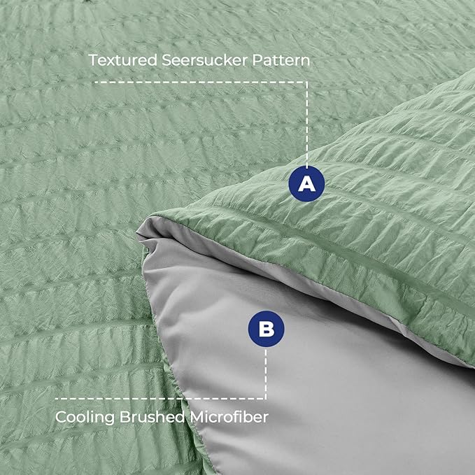 HYMOKEGE Sage Green/Light Grey California King Comforter Set Seersucker 7 Pieces, All Season Luxury Bed in a Bag for Bedroom, Bedding Set with Comforter, Sheets, Pillowcases & Shams