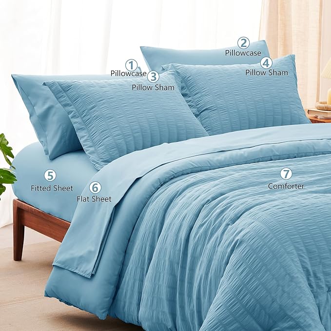 CozyLux Queen Comforter Set Sky Blue Seersucker 7 Pieces Bed in a Bag Queen Comforter Set with Sheets, Luxury Bedding Sets with Down Alternative Comforter, Sheets, Pillowcases & Shams All Seasons