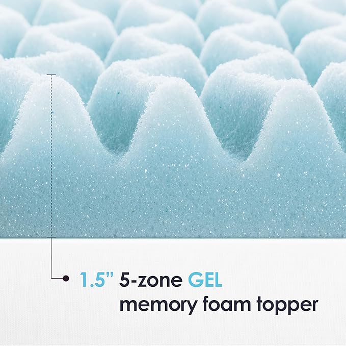 Mellow 1.5 Inch 5-Zone Memory Foam Mattress Topper, Cooling Gel Infusion, Twin, Blue
