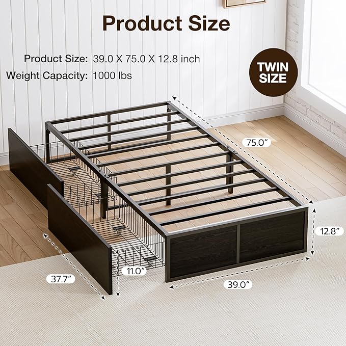 GAZHOME Twin Bed Frame with 2 XL Storage Drawers, Metal Platform Bed Frame with Footboard, 9 Strong Metal Slat Support/No Box Spring Needed/Easy Assembly/Space Saving,Black