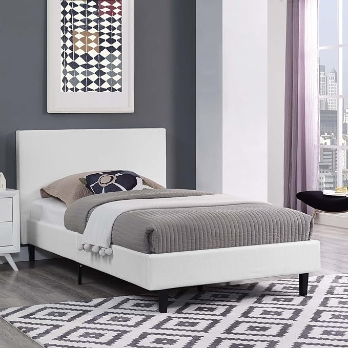 Modway Anya Upholstered White Twin Platform Bed with Wood Slat Support