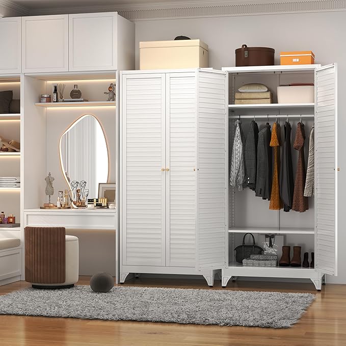 Polup Metal Armoire Wardrobe Closet with Doors, 71" Tall White Wardrobe Cabinet with Hanging Rod and Adjustable Shelves, Steel Clothing Storage Cabinet for Bedroom, School, Employee, Gym, Office