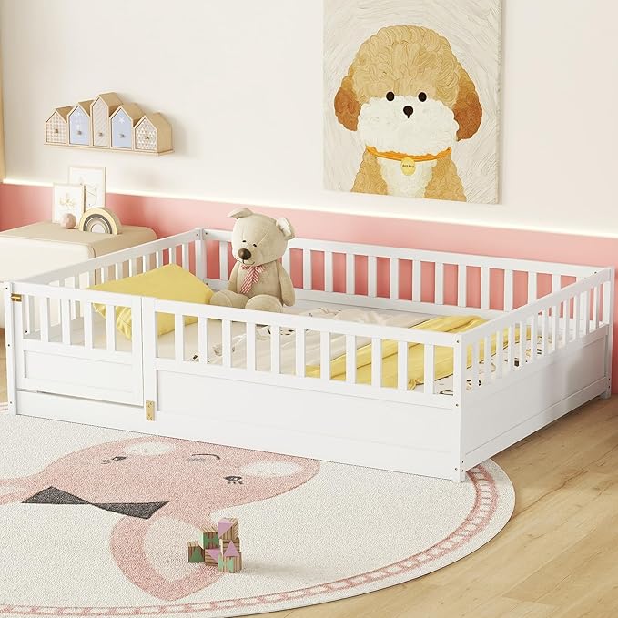 Full Floor Bed with Slats and High Fence, Full Size Montessori Floor Beds with Door, No Box Spring Needed, Easy Assemble Montessori Bed Frame(White Full)