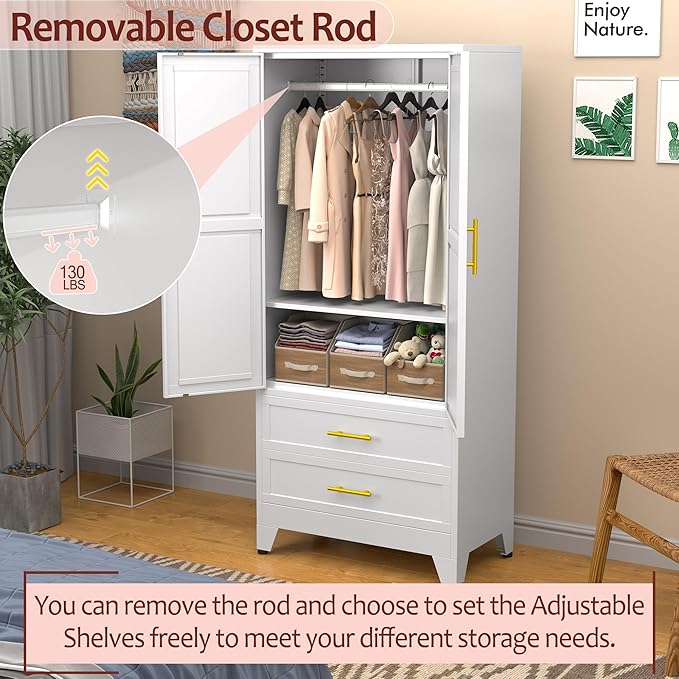winiowa Metal Armoire Wardrobe Closet with 2 Drawers, 71" Wardrobe Cabinet with Adjustable Shelves and Hanging Rod, Clothing Storage Cabinet Closet with Mirror for Bedroom-White