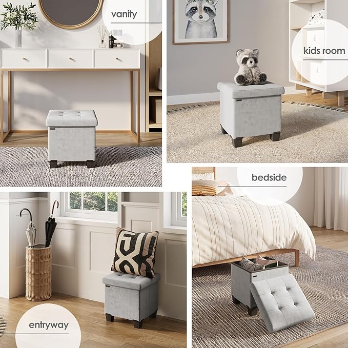 Storage Ottoman Cube with Small Bin, 15-in Square Ottoman with Storage for Living Room and Bedroom, Small Ottomans Foot Rest, Velvet Foot Stools Ottomans Max 330lbs, Light Grey