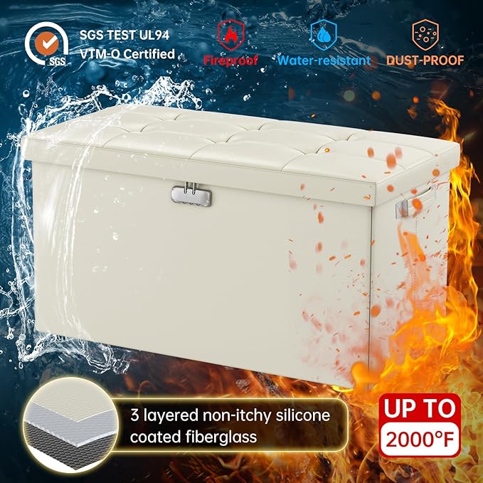 ENGPOW Storage Ottoman Bench,Fireproof Folding Bench with Lock,30 Inches Fire＆Water Resistant Storage Chest Foot Rest Stool Leather Bedroom Ottoman Safe for Documents,Valuables, Beige