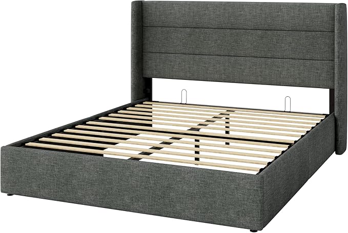 SHA CERLIN Queen Size Lift Up Storage Bed/Modern Wingback Headboard/Upholstered Platform Bed Frame/Hydraulic Storage/No Box Spring Needed/Wood Slats Support/Dark Grey