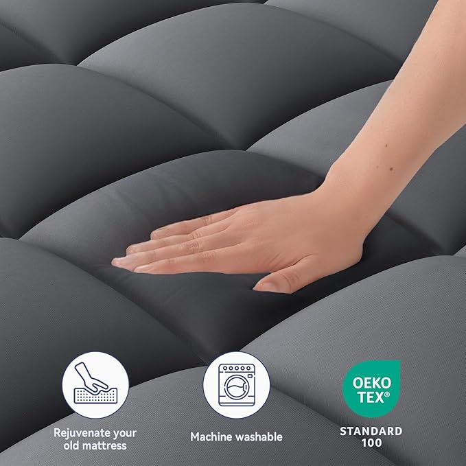 ELEMUSE Twin XL Grey Mattress Topper for Dorm Bed, College Dorm Room Essentials for Girls&Guys, Soft Comfortable Bed Upgrade for Back to School, Apartment&Rental Use