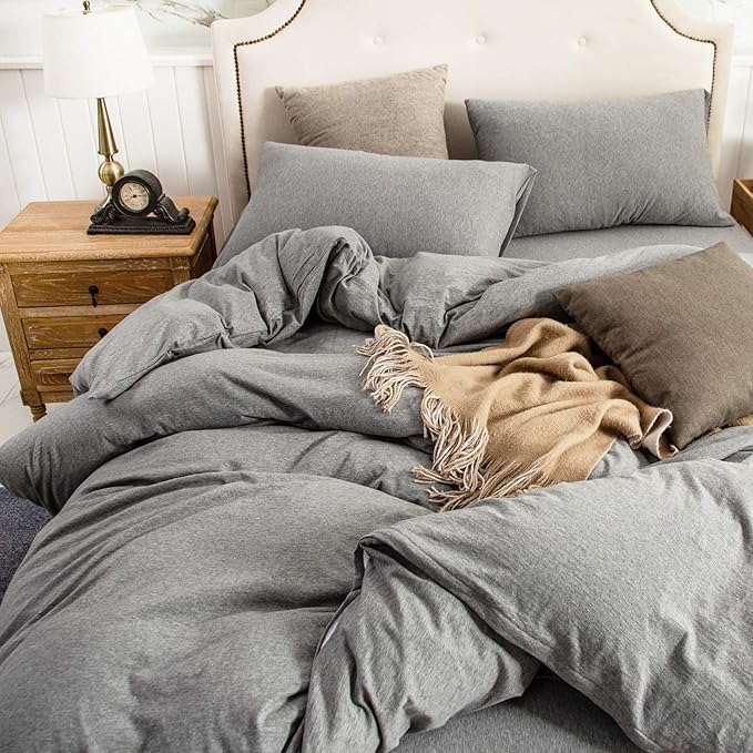 PURE ERA Jersey Knit Duvet Cover Set 100% T-Shirt Cotton Super Soft Comfy 3pc Bedding Set with Zipper Closure (Heather Dark Grey,Queen)