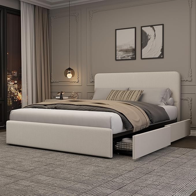 GarveeHome Modern Upholstered Platform Bed Frame with Headboard and Storage Drawers – Sturdy Wood Slats, Faux Leather, Noise-Free, No Box Spring Needed, Easy Assembly – Full Size, Beige Corduroy