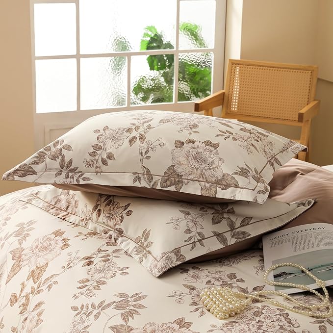 Duvet Cover Set Twin Size Floral Pattern 600 Thread Count Ultra Soft 100% Long Staple Cotton Duvet Cover Sets 3-PC, Breathable Duvet Cover with Zipper Closure & Corner Ties