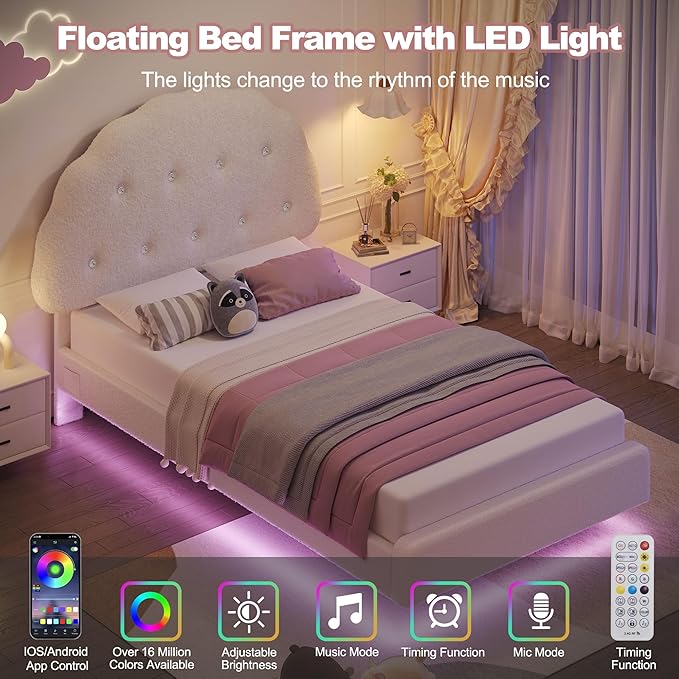 Cookie Twin Upholstered Bed Frame with LED Lights, Floating Bed Frames with Adjustable Headboard and Raised Footboard for Princess/Prince Bedroom, Teddy Velvet（White） | Cookie Bed Frame