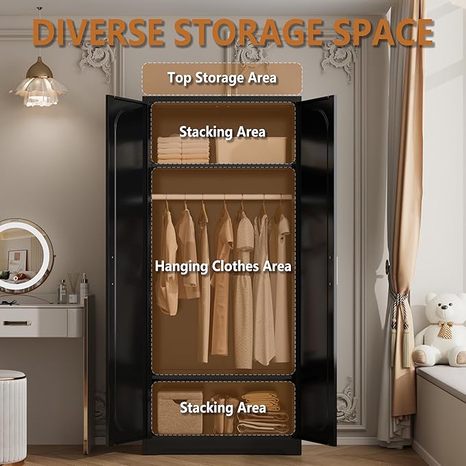 Polup Metal Armoire Wardrobe Closet with Hanging Rod, 71" Tall Wardrobe Cabinet for Clothes, Black Clothing Storage Cabinet with Doors and Shelves, Large Wardrobes for Bedroom, Office, Employee