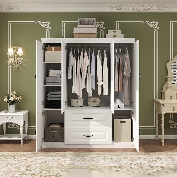 Armoire Wardrobe Closet: White Wood Large Bedroom Armoires Wood Wardrobe Cabinet with 4 Door 2 Drawers Tall Closet with Shelves and 2 Hanging Rail Room