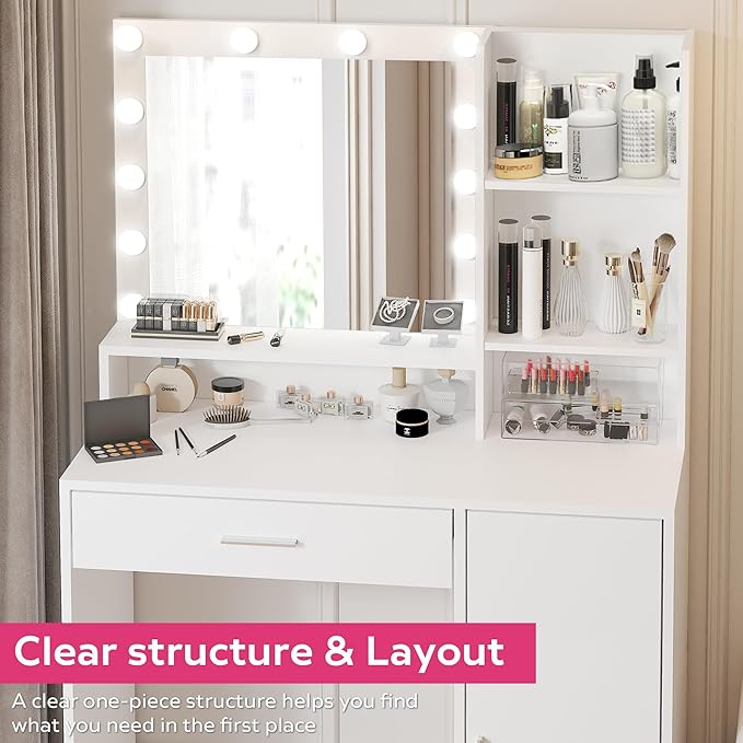 Palimder Vanity Desk with Mirror and Light, Large Drawer and Three Level Storage Dresser, 3 Lighting Modes Adjustable Brightness, Bedroom Dressing Table (White)