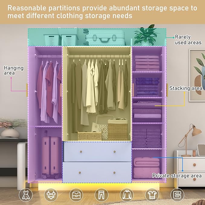 jiteentarou 4 Door Wardrobe Closet with Mirrors and LED Lights, Bedroom Armoire with Drawers and Shelves, Modern Wooden Armoire Wardrobe Closet with Hanging Rod for Bedroom, White
