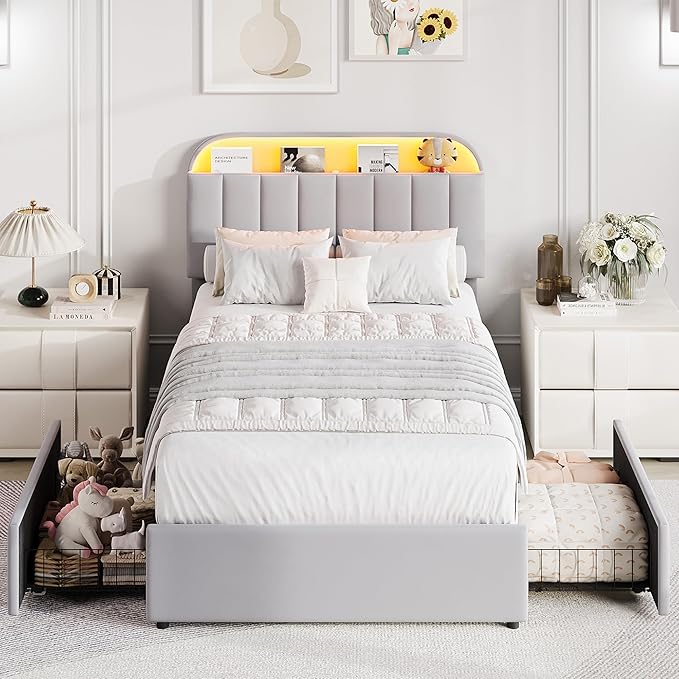GarveeHome Twin Bed Frame with Storage Headboard, Kids Bed Frame with 2 Drawers, Velvet Upholstered Platform Bed Frame with Lights, No Box Spring Needed, Easy Assembly, Velvet Grey