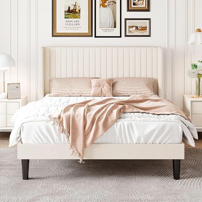 SHA CERLIN Full Size Velvet Bed Frame with Vertical Channel Tufted Wingback Headboard, Upholstered Platform Bed with Wood Slats, No Box Spring Needed, Easy Assembly, Cream White