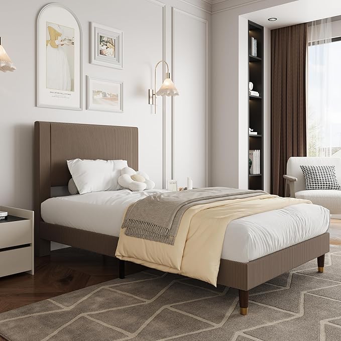 GarveeHome Twin Size Bed Frame with Upholstered Headboard and Strong Wooden Slats Support, Soft Corduroy Fabric Platform Bed, No Boxing Spring Needed, Easy Assembly, Brown