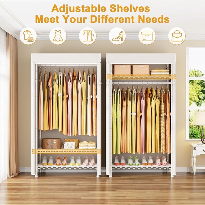 ULIFHOME H5C Clothes Rack with Cover, Portable Closet for Hanging Clothes, Covered Clothing Racks Heavy Duty, Garment Racks with Shelves, Max Load 360LBS, White Closet Rack with White Cover