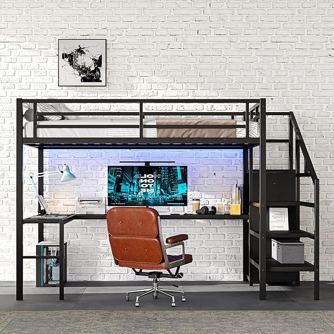 Full Size Loft Bed with L-Shaped Desk and USB, Metal Bed Frame with Wardrobe and Adjustable Shelf, High Loft Bed with LED and Guardrail for Teens Adults Bedroom, No Box Spring Needed, Black