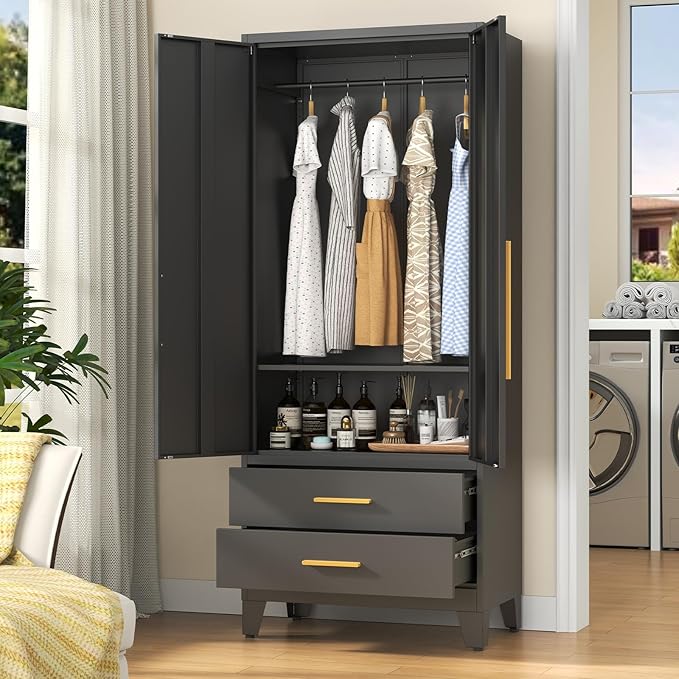 75.3" Tall Metal Wardrobe Closet - Large Clothing Storage Cabinet with 1 Hanging Rod, 1 Adjustable Shelve, 2 Drawers & 2 Doors - Closet Organizer for Bedroom, Office, Laundry Room, Garage - Black