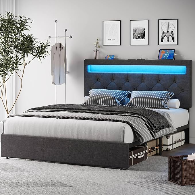 Rolanstar Full Size Bed Frame with Charging Station, LED Bed with Under Bed Storage, Adjustable Headboard 38.9/40.8 Inches, No Box Spring Needed, Noise Free, Easy Assembly, Grey
