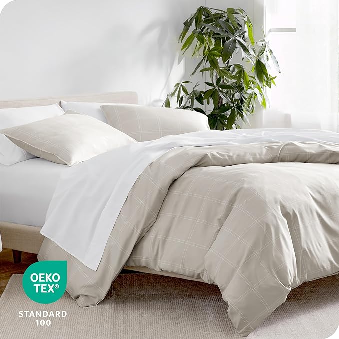 Bare Home Bedding Duvet Cover Extra Long Size - Premium 1800 Super Soft - Lightweight, Duvet Cover - Soft Textured Bedding (Twin/Twin XL, Modern Plaid - Stone/White)
