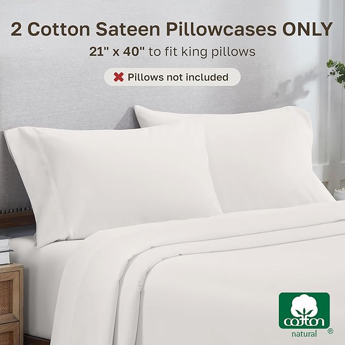 California Design Den Heirloom Soft, Smooth & Thick 800 Thread Count 100% Cotton Sateen, 2 Pillow Cases King Size, Fits King Pillows - True Ivory