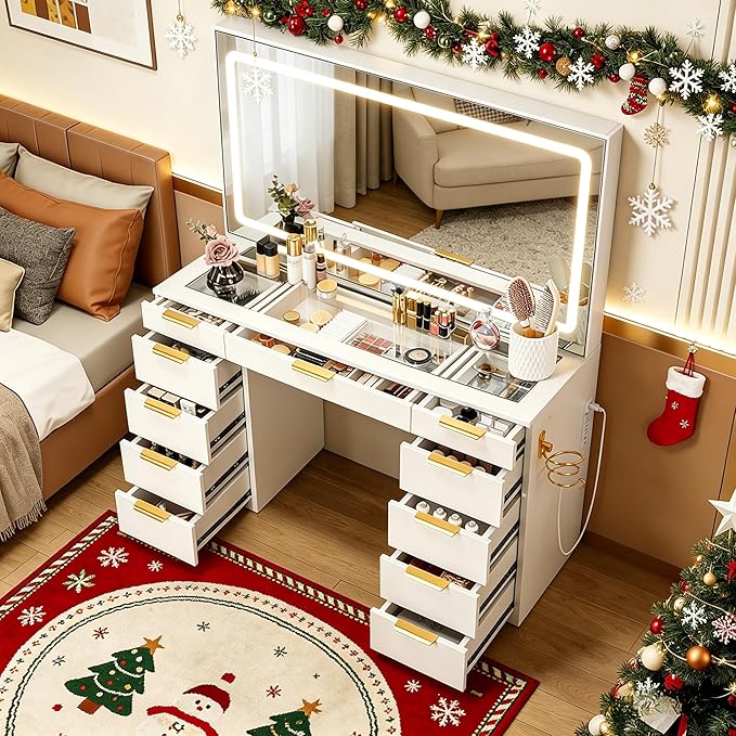 Pamapic Glass Top Vanity Desk with LED Lighted Mirror, 11 Drawers Vanity Desk with Charging Station, 3 Lighting Modes Dressing Table, Golden Handles, Makeup Table, White