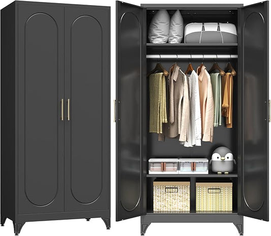 Metal Armoire Wardrobe Closet with 2 Doors, 71" Black Wardrobe Cabinet with Hanging Rod and Adjustable Shelves, Tall Clothing Storage Cabinets for Bedroom, Laundry Room, Home Office