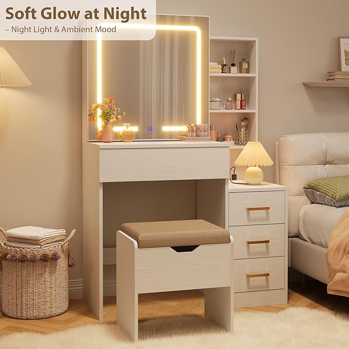 GarveeHome Makeup Vanity Desk with Sliding Mirror, Vanity Dressing Table with 3 Color Adjustable Lights, Girls Vanity Set with Stool, 4 Compact Vanity Drawers, Power Outlet, White