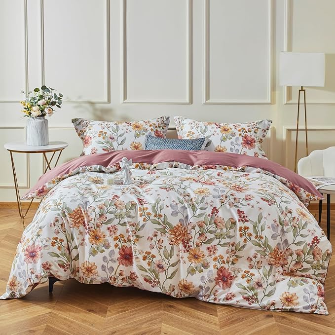 OAITE Duvet Cover Set,100% Cotton Comforter Cover with Floral Pattern Duvet Cover Set,Soft Bedding Set Includes with 3 Piece (2 Pillow Shams,1 Duvet Cover)