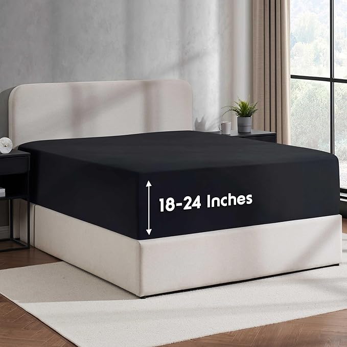 Nestl Black Extra Deep Pocket Twin XL Fitted Sheet, Luxury XL Twin Fitted Sheet Only Easily Fits 18 to 24 Inch Mattress, Super Soft, Wrinkle-Free, and Breathable Bed Sheets with Corner Straps