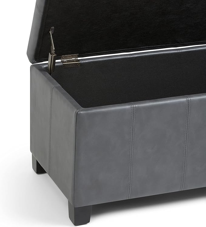 SIMPLIHOME Dover Storage Ottoman Bench - 36 inch Wide Upholstered Vegan Leather Rectangular Lift-Top Ottoman in Stone Grey, Contemporary Bench for Living Room with Safety Hinges