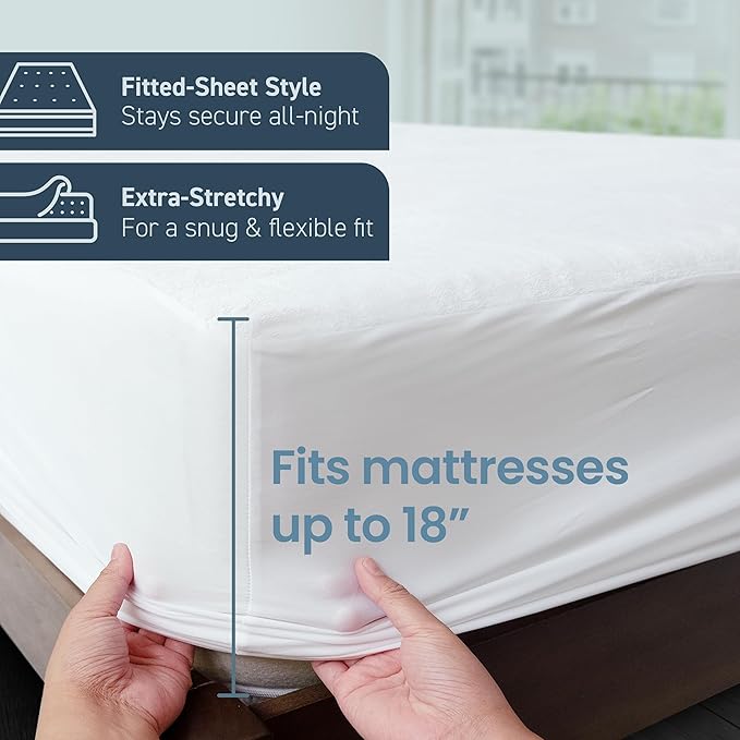 SafeRest Waterproof King Size Mattress Protector - Fitted with Stretchable Pockets - Machine Washable Cotton Blend Mattress Cover for Bed