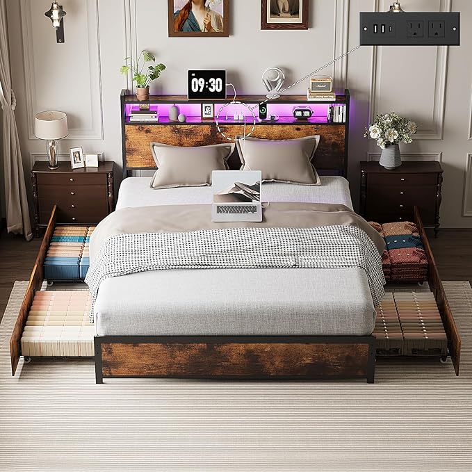 VINGLI Full Platform with 4 Storage Drawers and Headboard, Metal Double Bed with Charging Station and LED Lights, No Box Spring Needed, Noise Free, Easy Assembly, Vintage Brown