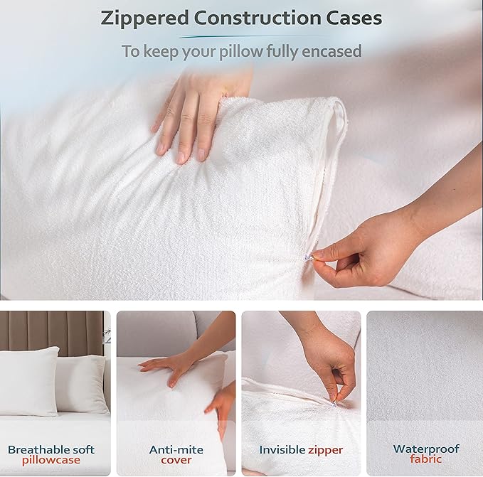 Premium Waterproof Pillow Protectors - Standard Size 20''x28'' Set of 2 - Zippered Pillow Cover Made with Soft Terry Cotton Fabric - Hypoallergenic and Dust Proof