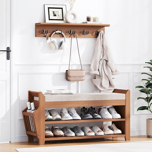 PETKABOO 31.5" Shoe Bench with Coat Rack Hidden Drawer and Side Holder, 2 Tier Entryway Bench with Storage 39.4 in, Bamboo Shoe Rack with Cushion for Entryway Hallway Living Room Bedroom