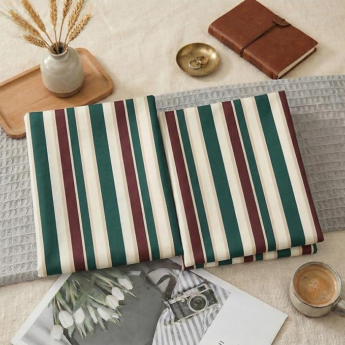 Merryword 100% Cotton Pillow Cases, King Size Pillowcases, Green Striped Pillowcases, Luxury Linen Like Pillowcase, Soft Breathable Cabana Stripes Pillow Covers, Set of 2