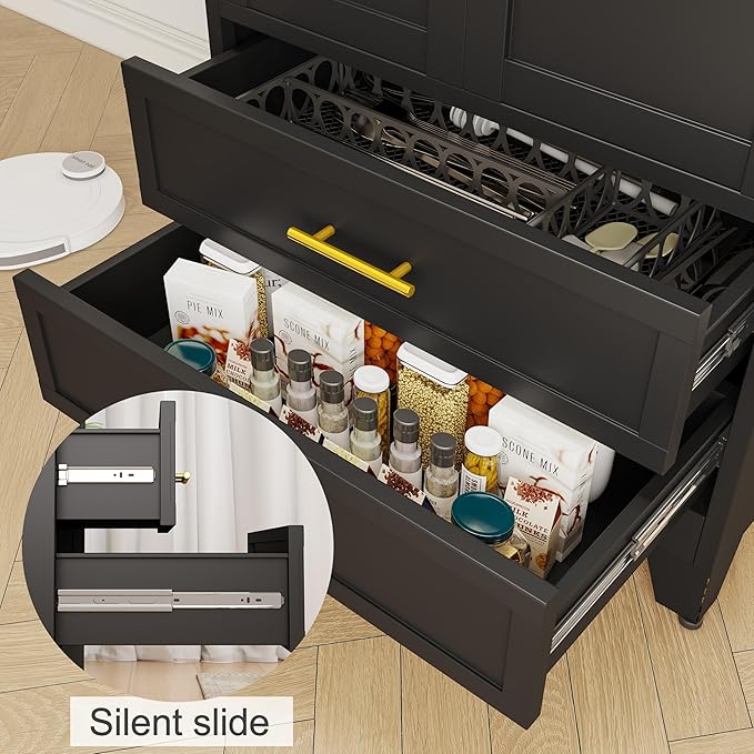 erosoei 71" H Metal Pantry Storage Cabinet,Office File Cabinets with 2 Drawers and Shelves, Kitchen Cupboard Storage Cabinet for Bedroom and Dinning Room（Black）