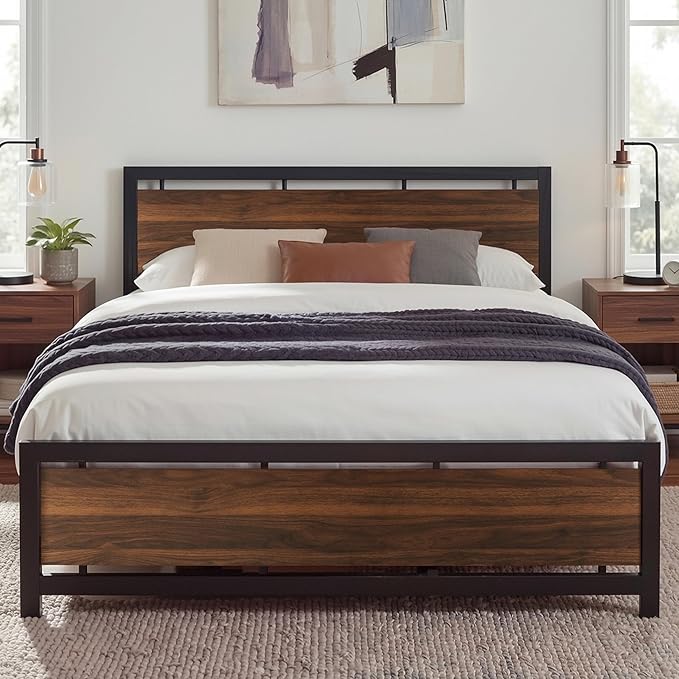 LIKIMIO King Bed Frame with Headboard and Footboard, Metal Strong Supports, Easy Assembly, Noise-Free, No Box Spring Needed, Dark Walnut